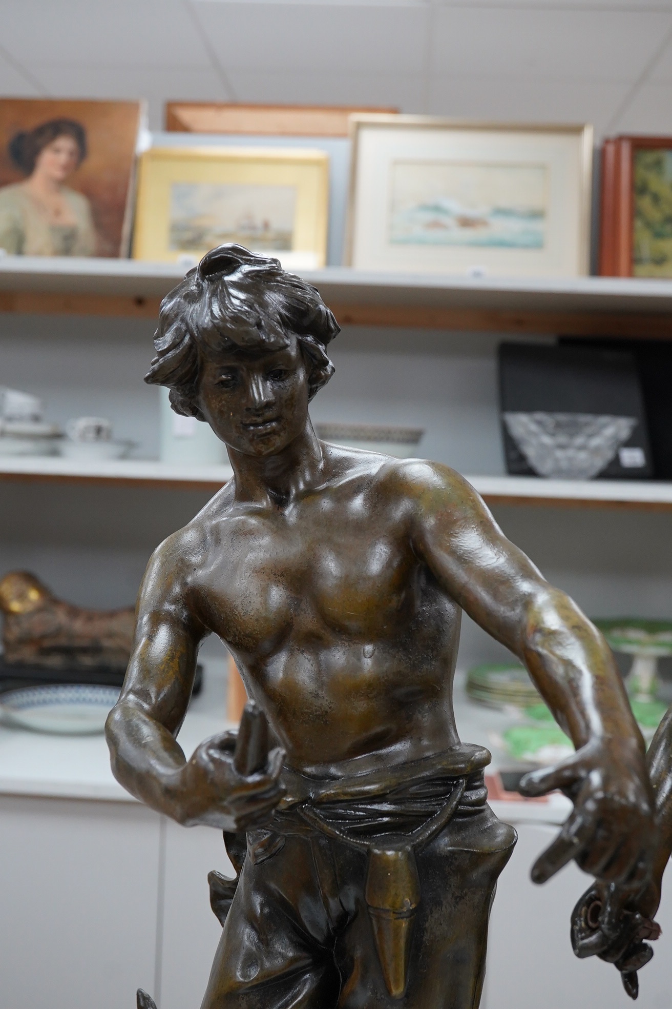 After Auguste Moreau 1861-1906, a pair of spelter figures, 60cm. Condition - fair (pieces missing)